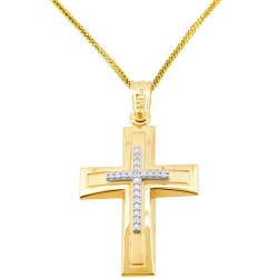 Χρυσός βαπτιστικός σταυρός διπλής όψης Κ14 με αλυσίδα